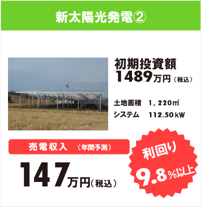 新太陽光発電②　初期投資額1489万 土地面積1,220㎡ システム：112.50Kw 売電収入147万